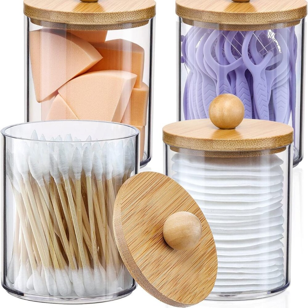 4 Pack Qtip Holder‎ Dispenser with Bamboo Lids